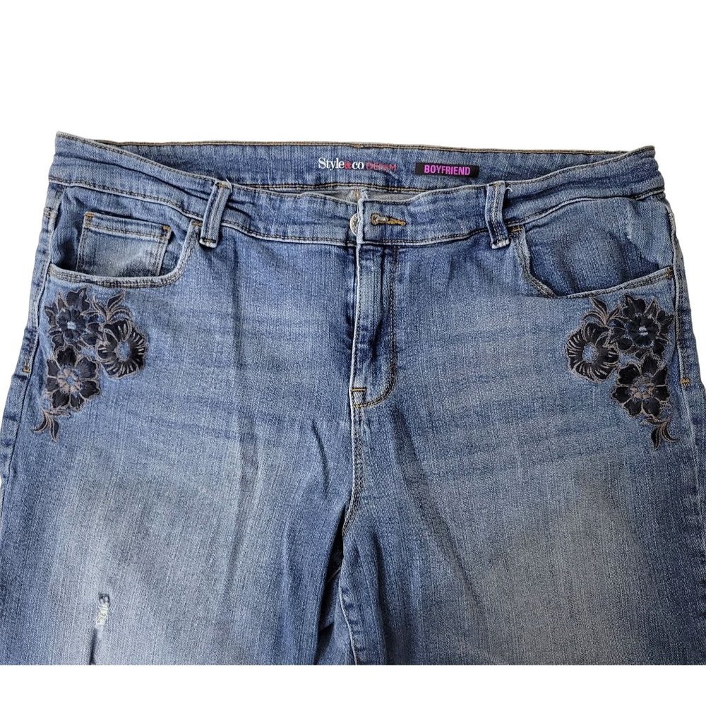 Style & Co Denim Blue Floral Embroidered Boyfriend Jeans - Picture 2 of 6